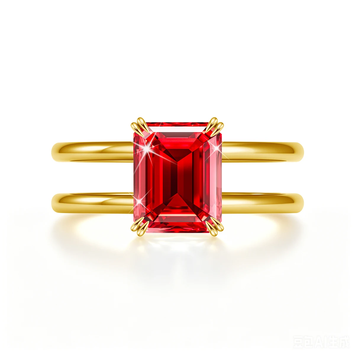 

925 Sterling Silver Gold Plated Double Band Ring Emerald Cut Red Corundum Ruby for Women Luxury Engagement Fine Jewelry Gifts