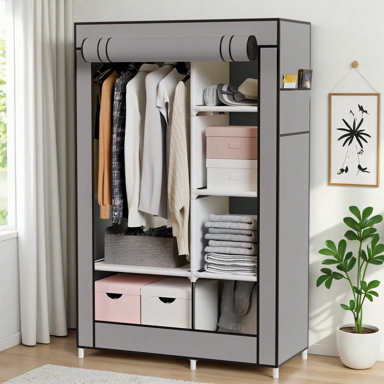 Garment Rack,Clothing Racks For Hanging Clothes ,No-Assembly Portable Closet, Wardrobe Organizer, Portable Wardrobe With 6 Shelves & 1 Hanging Rod, 4 Side Pockets, For Bedroom, Living Room, Cloakroom, Garage, Dorm, Apartment view 2