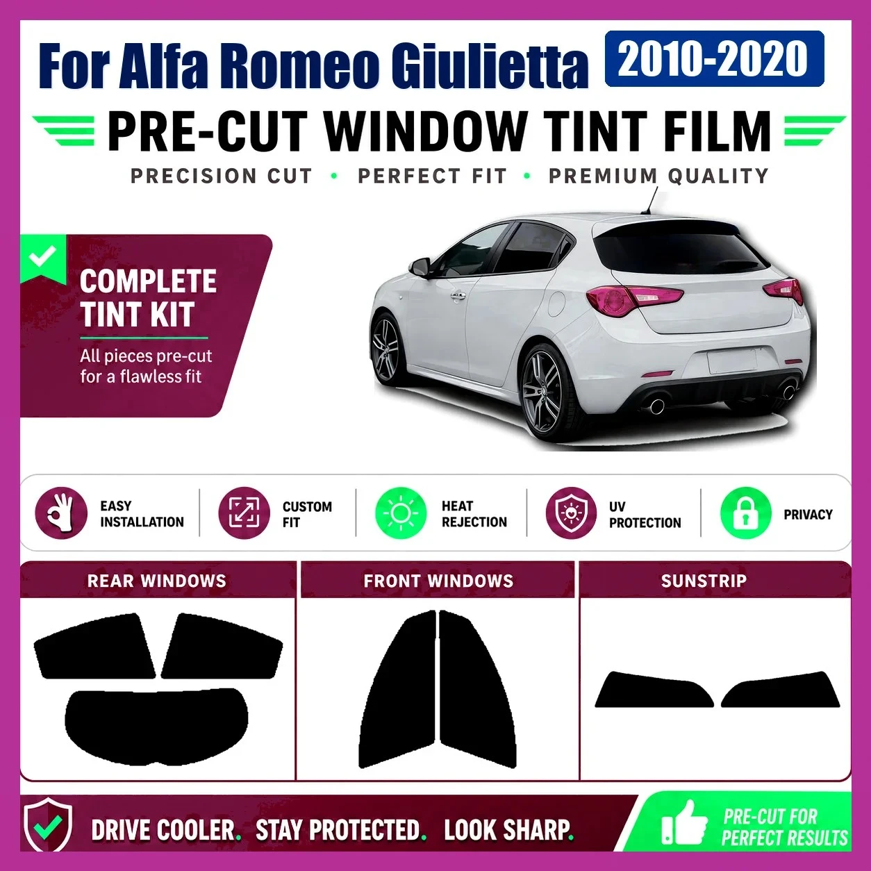 Film teinté sur mesure pour vitres Alfa Romeo Giulietta 2010‑2020, vitres avant et arrière, protection UV contre la chaleur, film anti-rayures et d'intimité