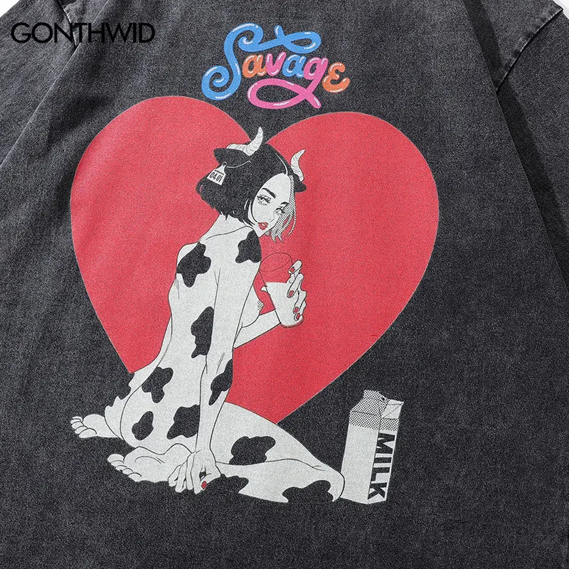 Men Vintage T Shirt Streetwear Milk Girl Print Punk Gothic Washed Short Sleeve Tshirt 2024 Harajuku Casual Cotton Loose Tee Tops