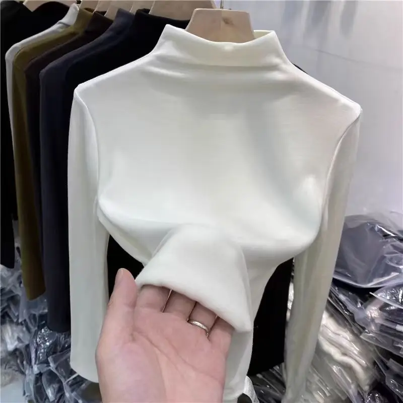 

Autumn Winter Inner Wear Fleece Lined Thickened Tops Slim Fit Thermal Turtleneck Women's Base Plus Size Shirt Big Size T-shirt