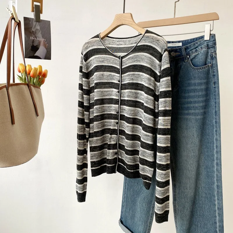 Dave&di Spring And Summer New Linen Thin Knitted Sweater Women's Round Neck Color Blocked Striped Long Sleeved Cardigan Sun Prot