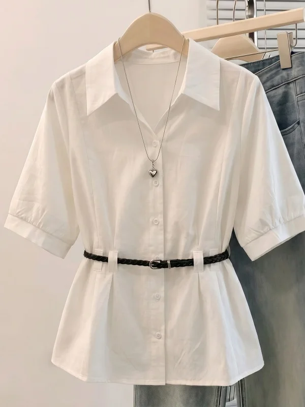 

Elegant V-neck Short Sleeve Shirt Women's plus Size Slimming Waist Commute Top Korean Style Loose Fit Regular Sleeve Length