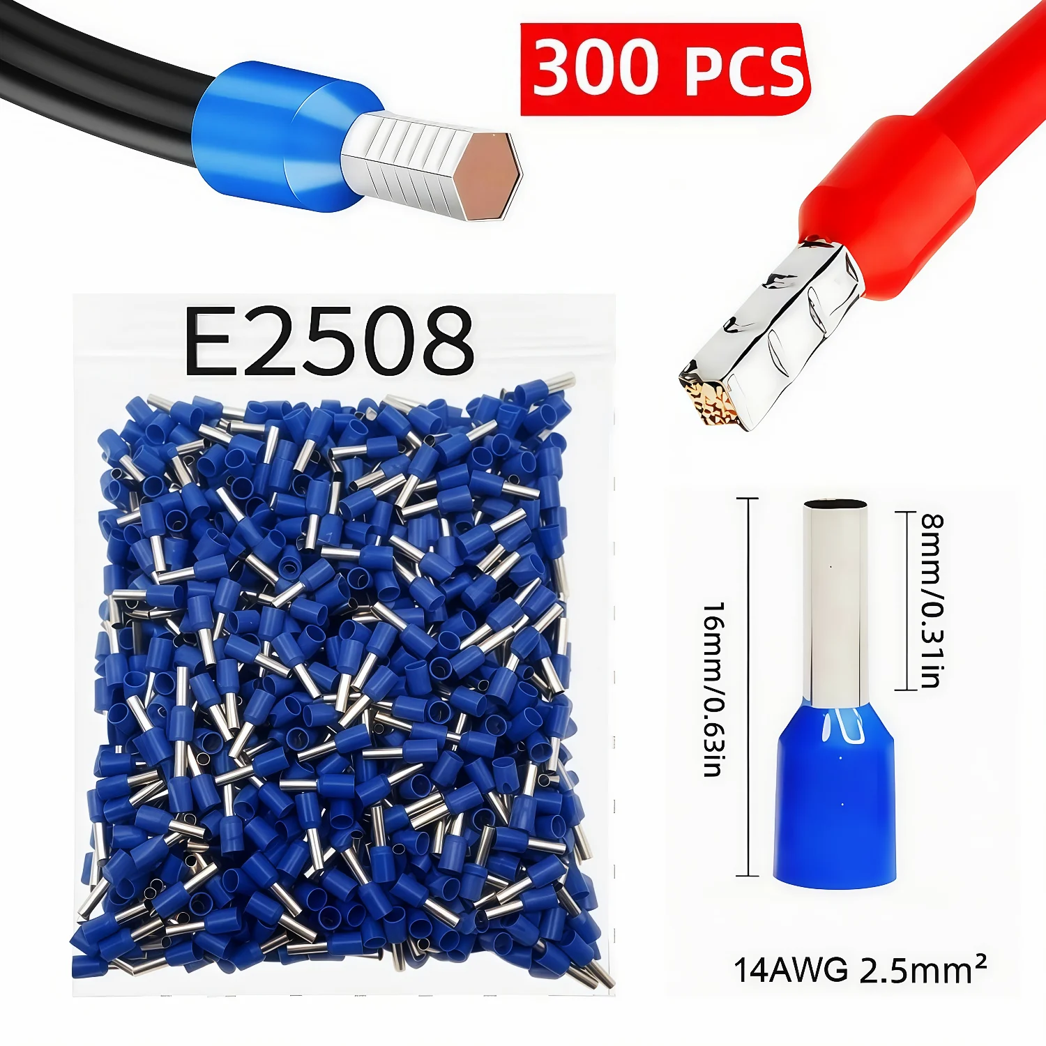 300-teiliges Isoliertes Kabelendverschluss-Set, 8 Größen AWG 22-8 Drahtklemmen, Verzinntes Messing PVC-Isoliert, für Elektrische Verkabelung