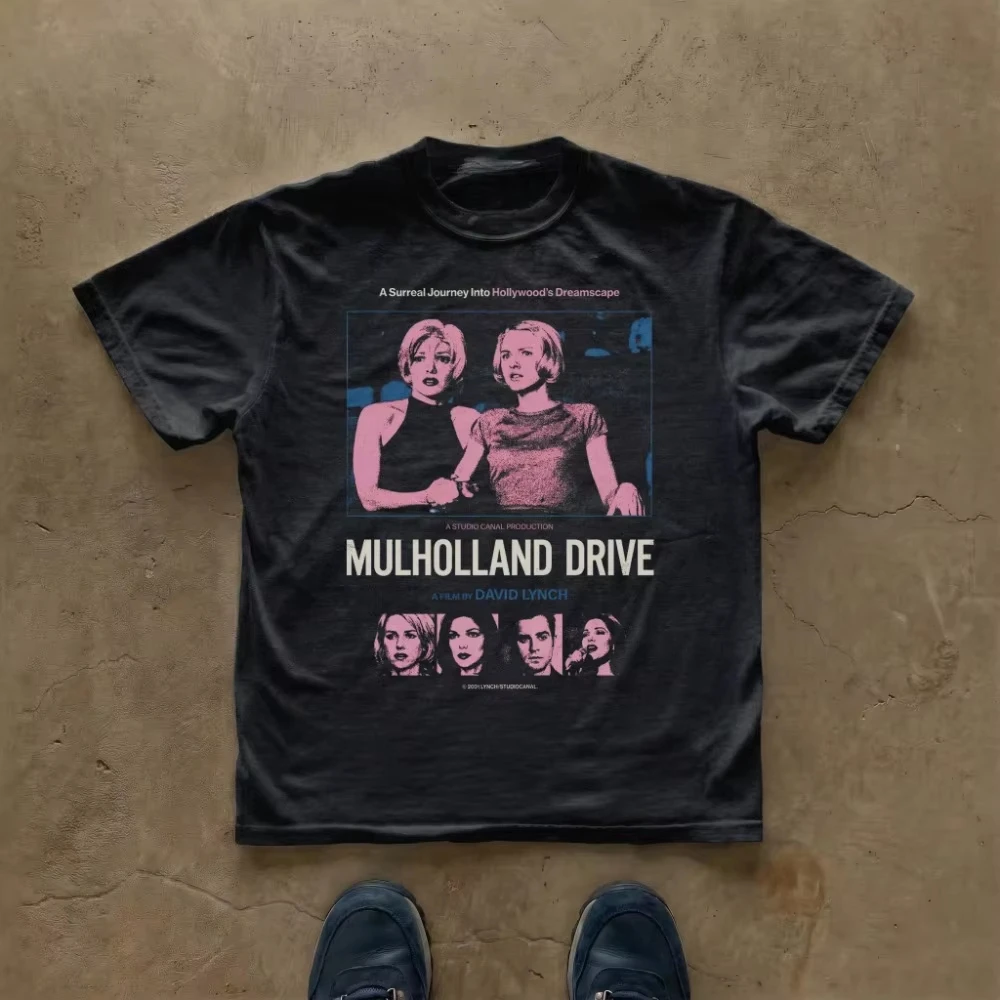 Mulholland Drive Movie Poster T-Shirt Retro Neon Film Tee David Lynch Vintage Clothing Short Sleeve Cotton Top 2026 Hot Sale