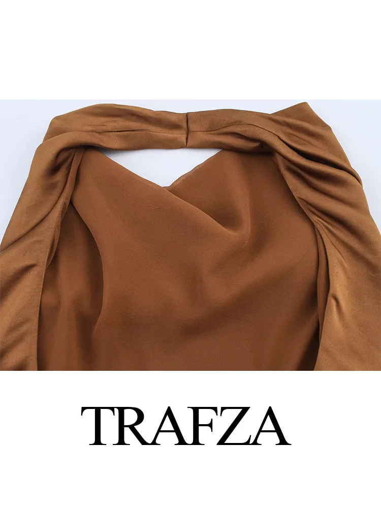 HH 여성 2025 신상 슬림 새틴 질감 솔리드 민소매 미디 드레스 여성 봄 홀터넥 칼라 홀로우 아웃 롱 드레스