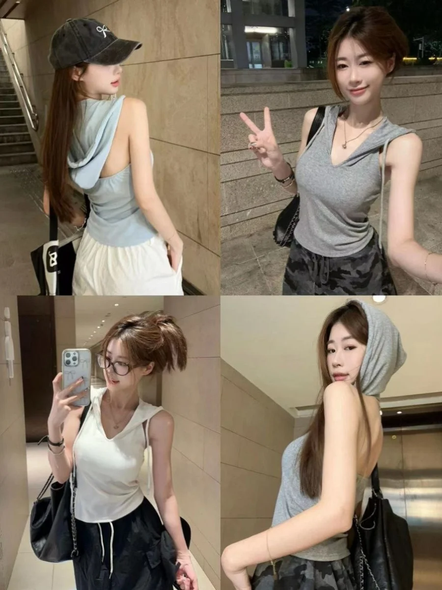 American Design Sense Hood Backless Sleeveless V-neck Vest Women Summer Slim fit Slimming Short Temperament Outer Wear Top