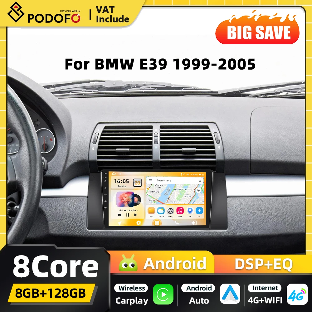 Podofo 8+128G 2din Android Autoradio Multimedia-Player für BMW E39 1999-2005 Bluetooth FM Android Auto GPS DSP RDS WIFI Carplay