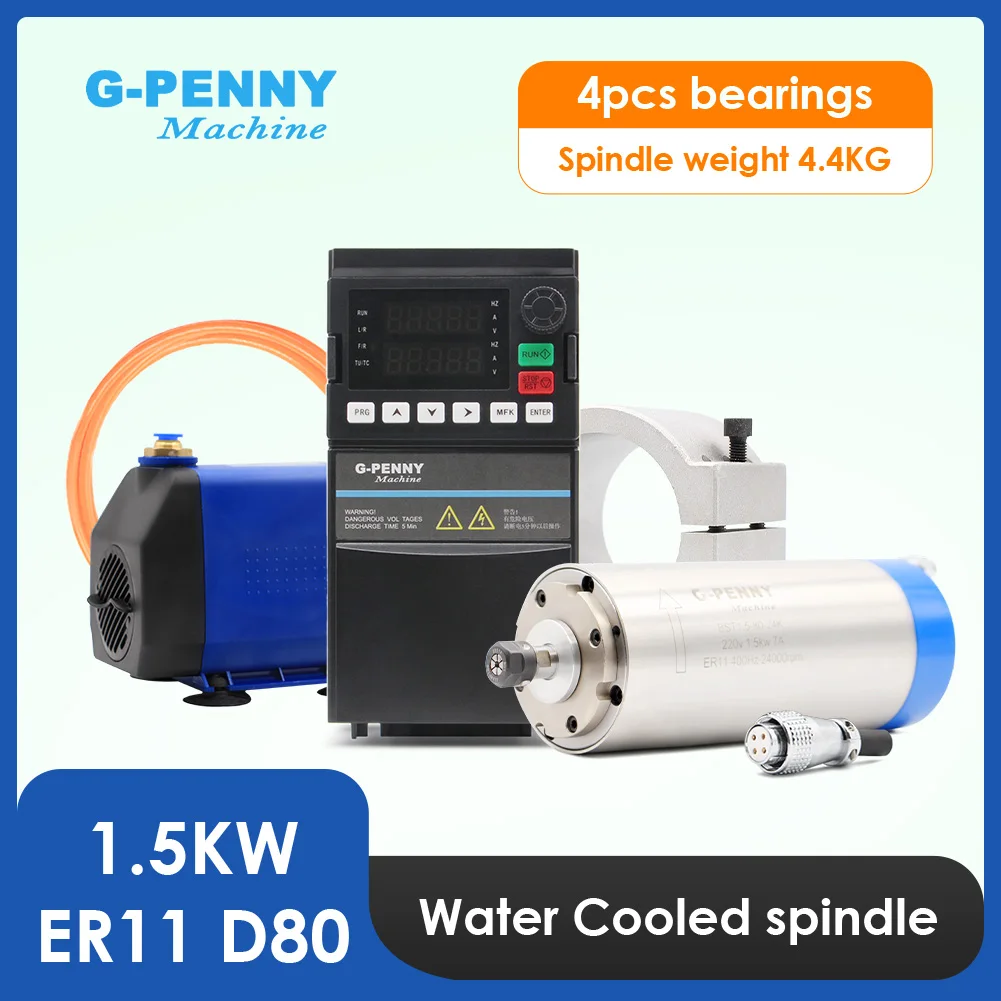 

G-Penny 1.5kw ER11 D80 Water Cooled Spindle 220v/380v 400hz 4pcs Bearing, YL42 Inverter & 80mm Bracket & 75w Water Pump