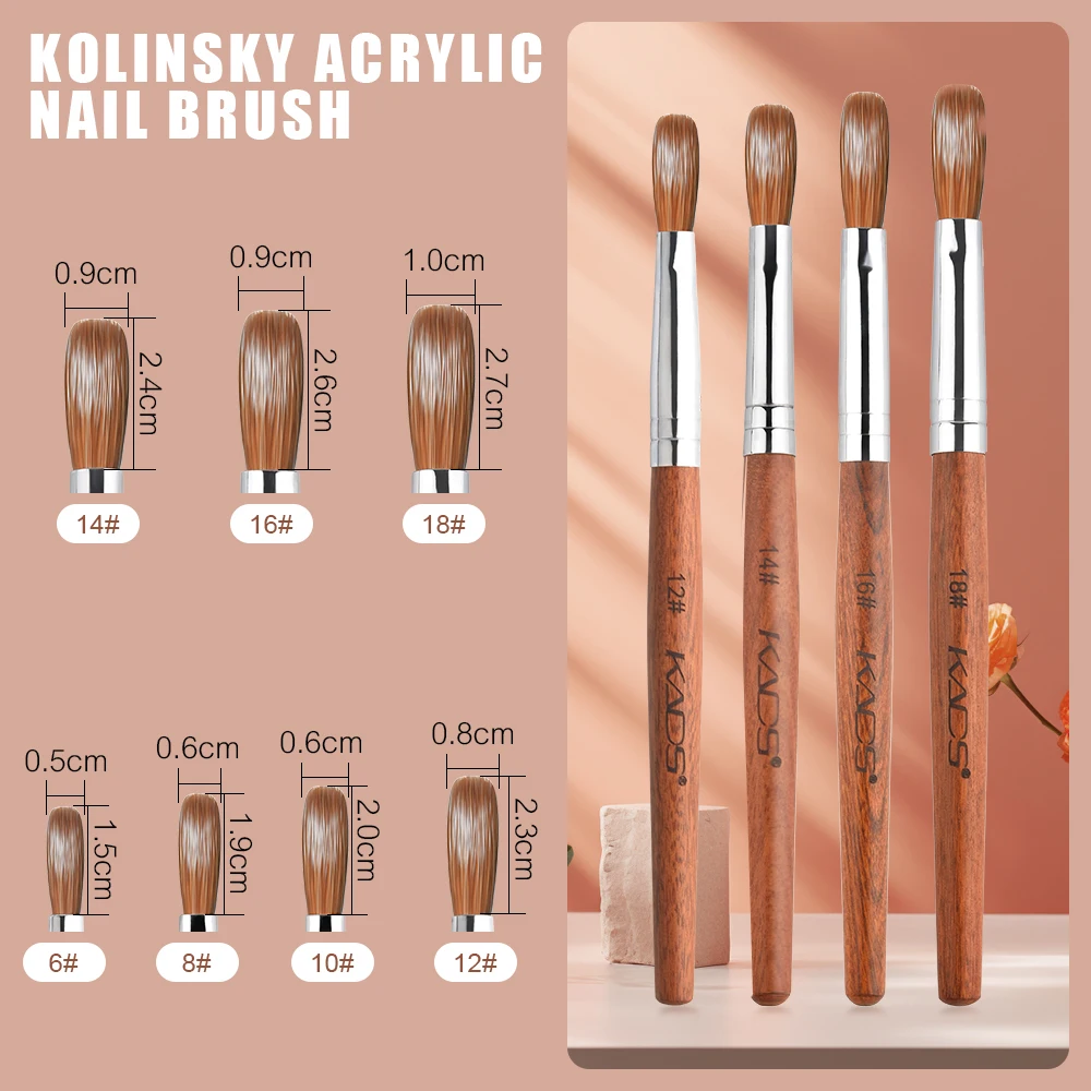 KADS Kolinsky Acrylic Nail Brush for Manicure Powder CRIMPED ROUND Red Wood Handle Professional Tool Manicure Brushes