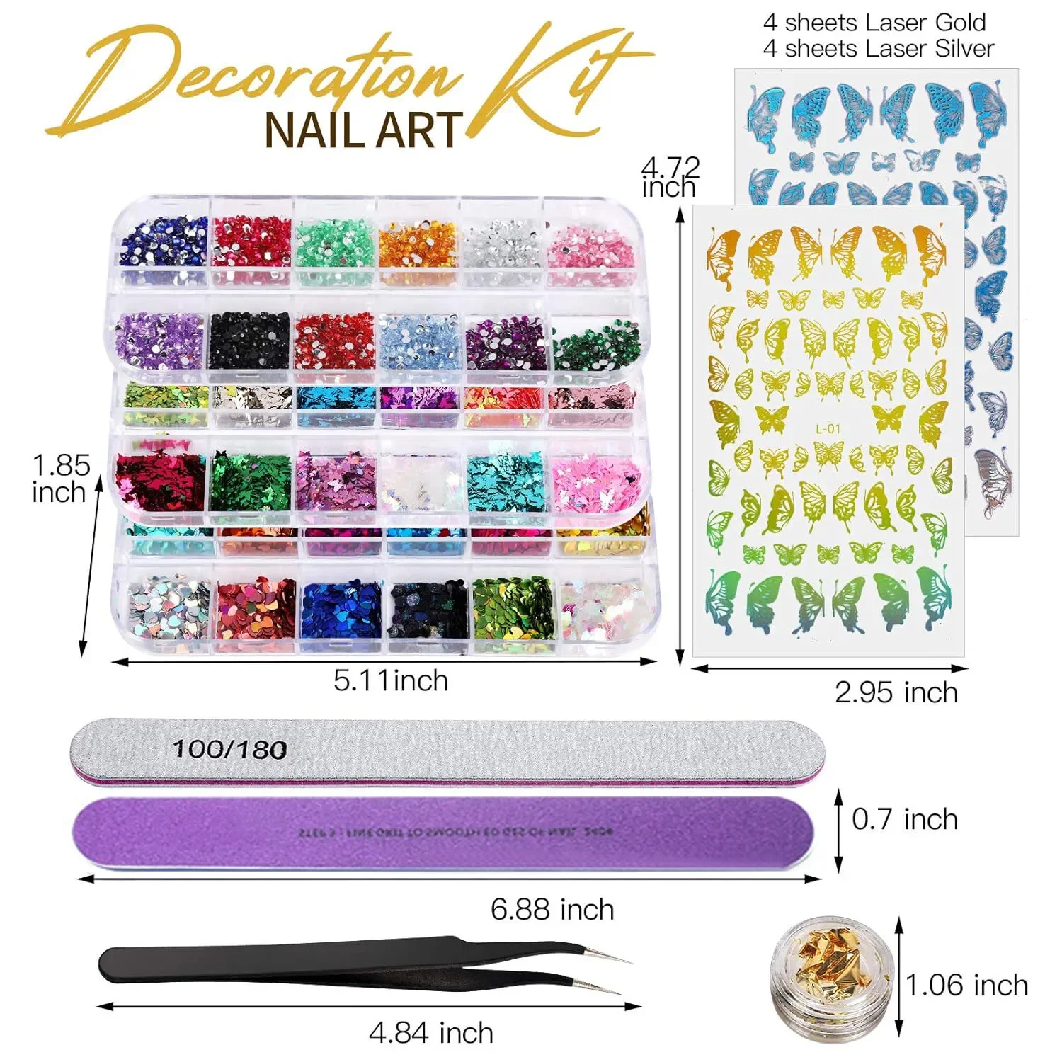Kit decorazione per nail art con farfalla: adesivi, glitter, gemme, fogli e strumenti - Set per unghie fai da te tutto in uno
