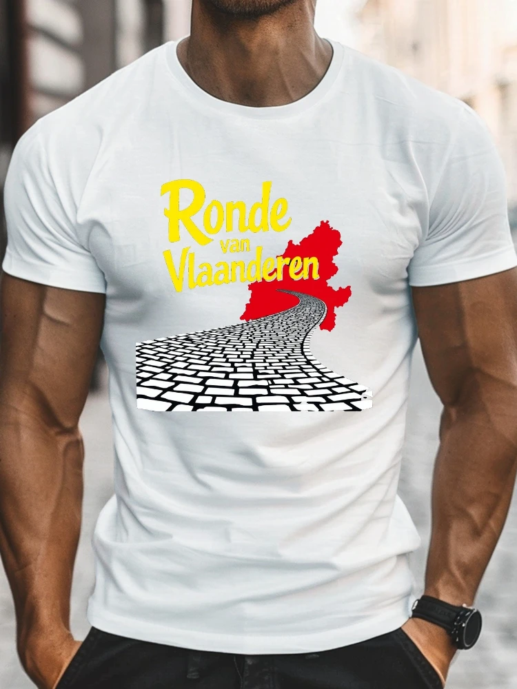 The cobblestone design of the trip to Flanders, Belgium, and the retro Belgian flag printed short-sleeved 100% cotton T-shirt.
