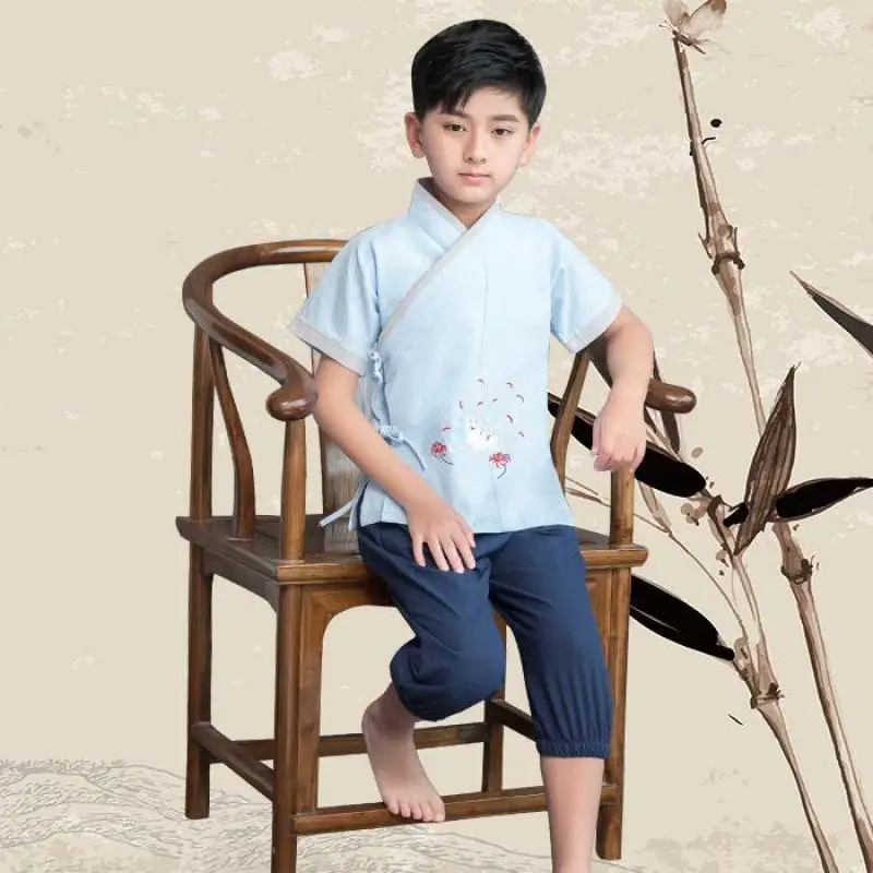 

New Chinese Style Traditional Embroidery Boys Hanfu Children Short Sleeve Cotton Top Pant Suit Kid Role Play Costume Clothes