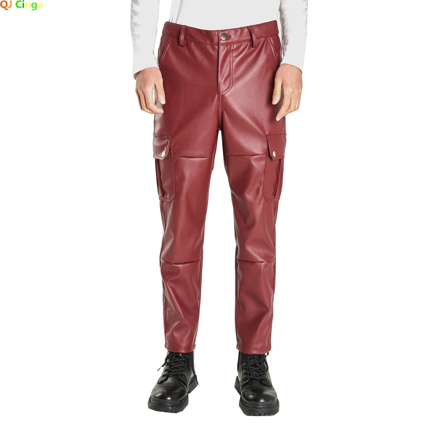 Crimson PU Pants Men's Small Stretch High-waisted Biker Leather Pants Thighs on Both Sides of The Pocket Decoration Big Size 5XL