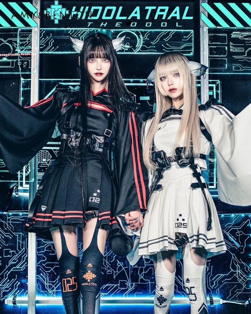 

Japanese Harajuku Punk Skirt Sets Mine Series Mechanical Girl Flare Sleeve Jacket Suspender Pleated Skirt Gothic Three-piece Set