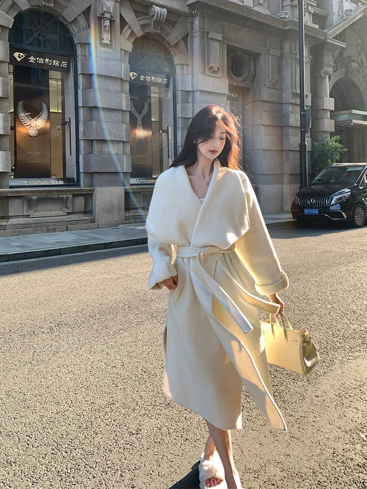 

Зимнее шерстяное пальто Aosphere с поясом, двустороннее, с отложным воротником, в корейском стиле, для повседневной носки, длинное, женское...