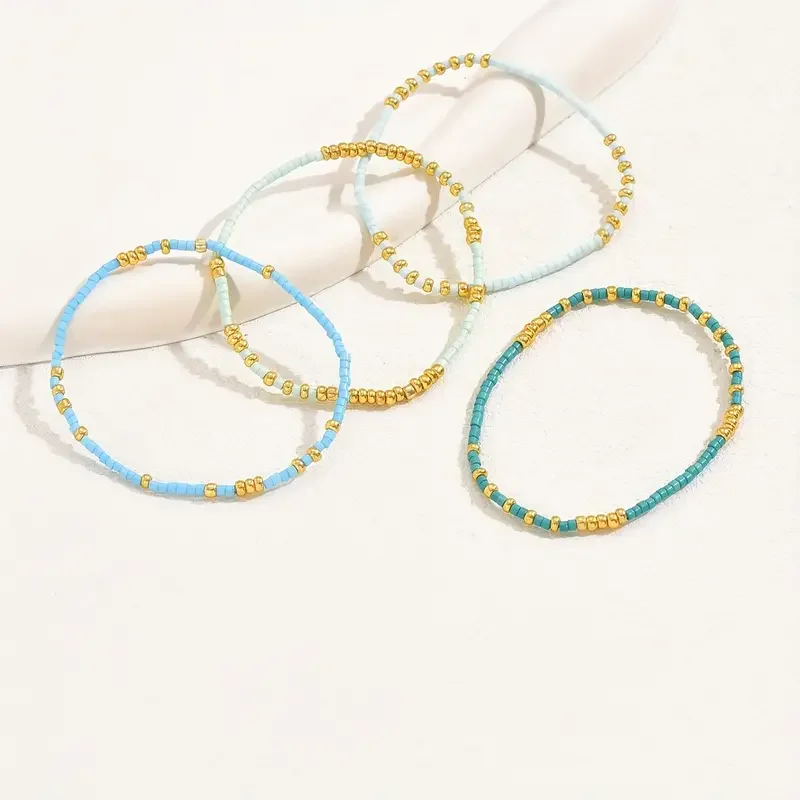 4 PCS Turquoise Color Seedbeads Stretch Bracelet Set Bohemia Gold Color Glassbeads Elastic Handmade Girls Vacation Jewelry