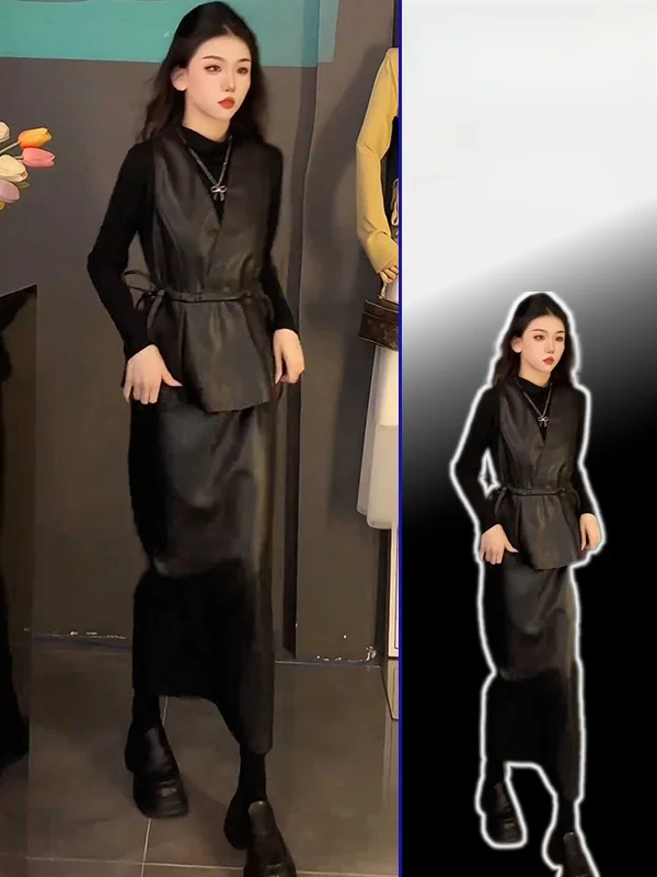 

Cool Sli plus Size Women's Tee-Piece Set with Vest Long Sve V-Ne High Waist Skirt And Top for Casual Wear