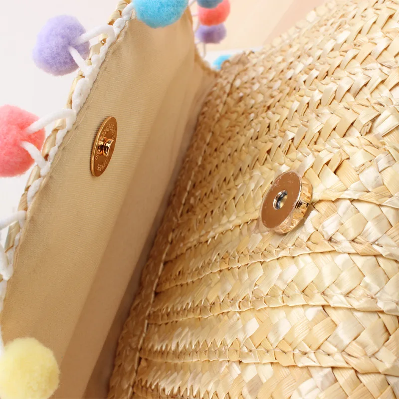 Beach Casual Women's Bags Large Capacity Straw Woven Cute Travel Shoulder Bag with Lovely Ball Decoration
