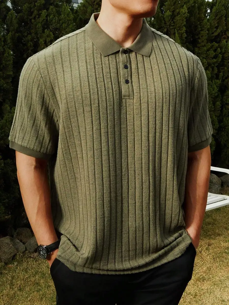 

Olive Green Ribbed Knit Short Sleeve Casual Polo Shirt for Men