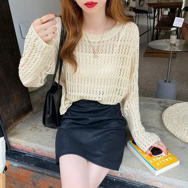 Ladies Fashion Mesh Hollowed Out See-through Pullover Sweater Tshirts Women Sexy Tops Female Girl Casual Knitted T-shirt Vy1613