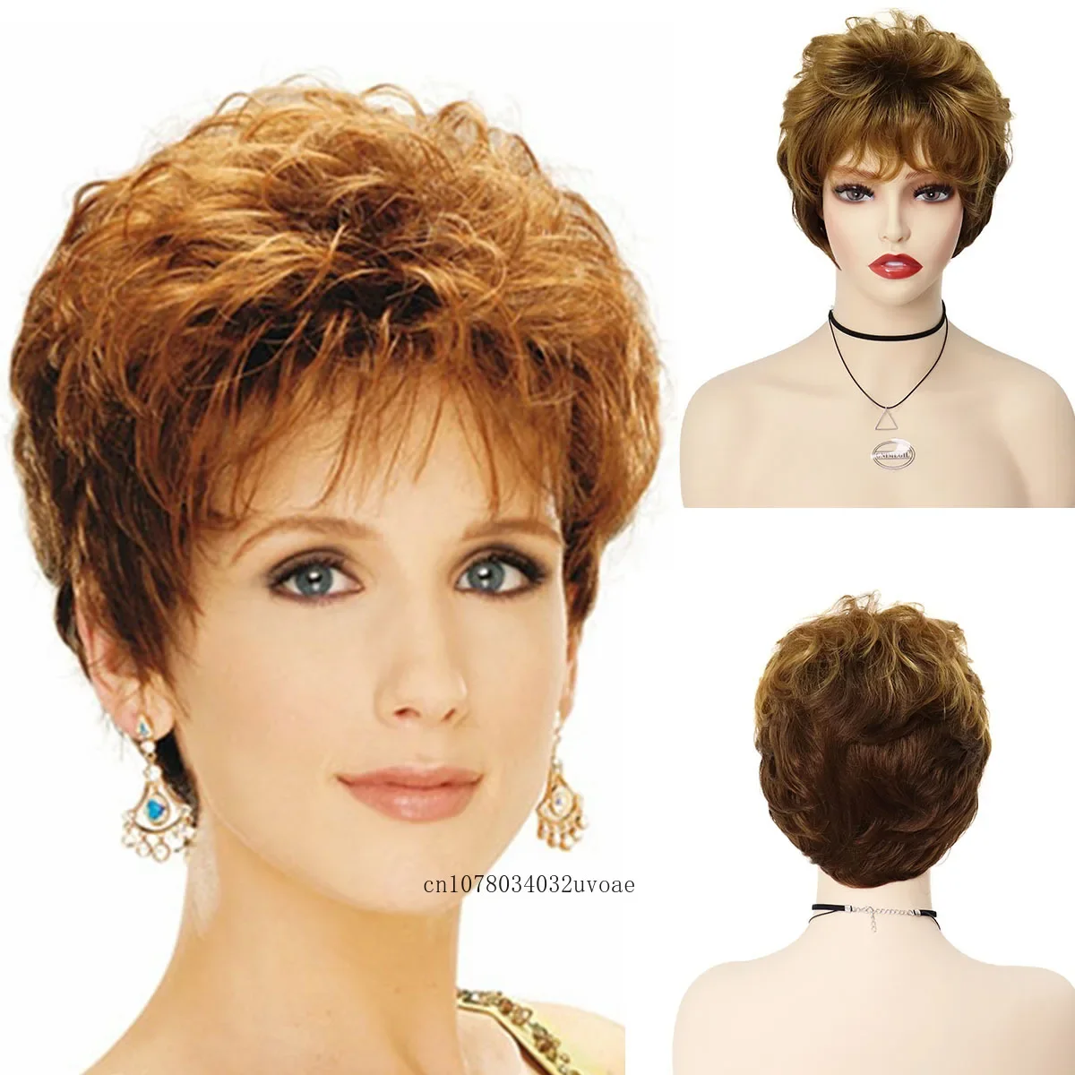 Synthetic Pixie Cut Short Hair Women Natural Wigs with Bangs Ombre Brown Color Ombre Wigs for Mother Old Lady Wig Gifts Cosplay