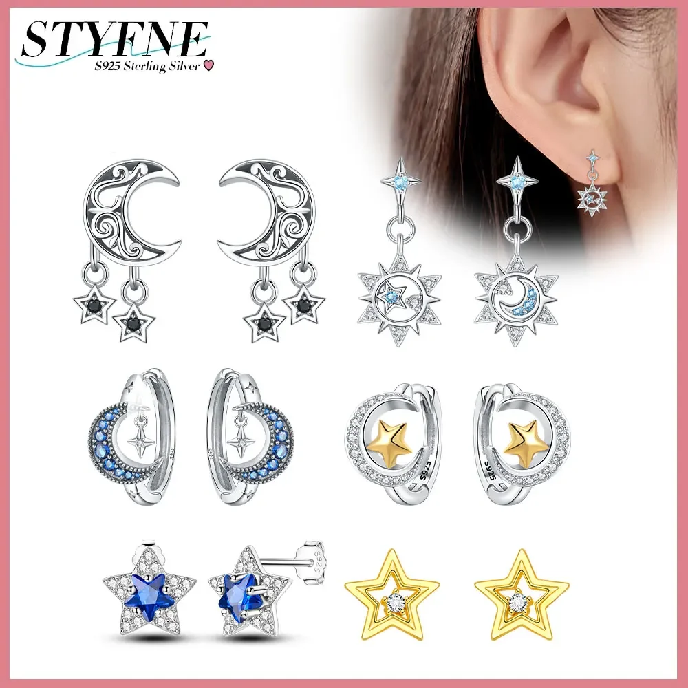 925 Sterling Silver Star and Moon Series Retro Bead Edge Moon Tassel Starburst Original Earrings for Women's High-end Jewelry