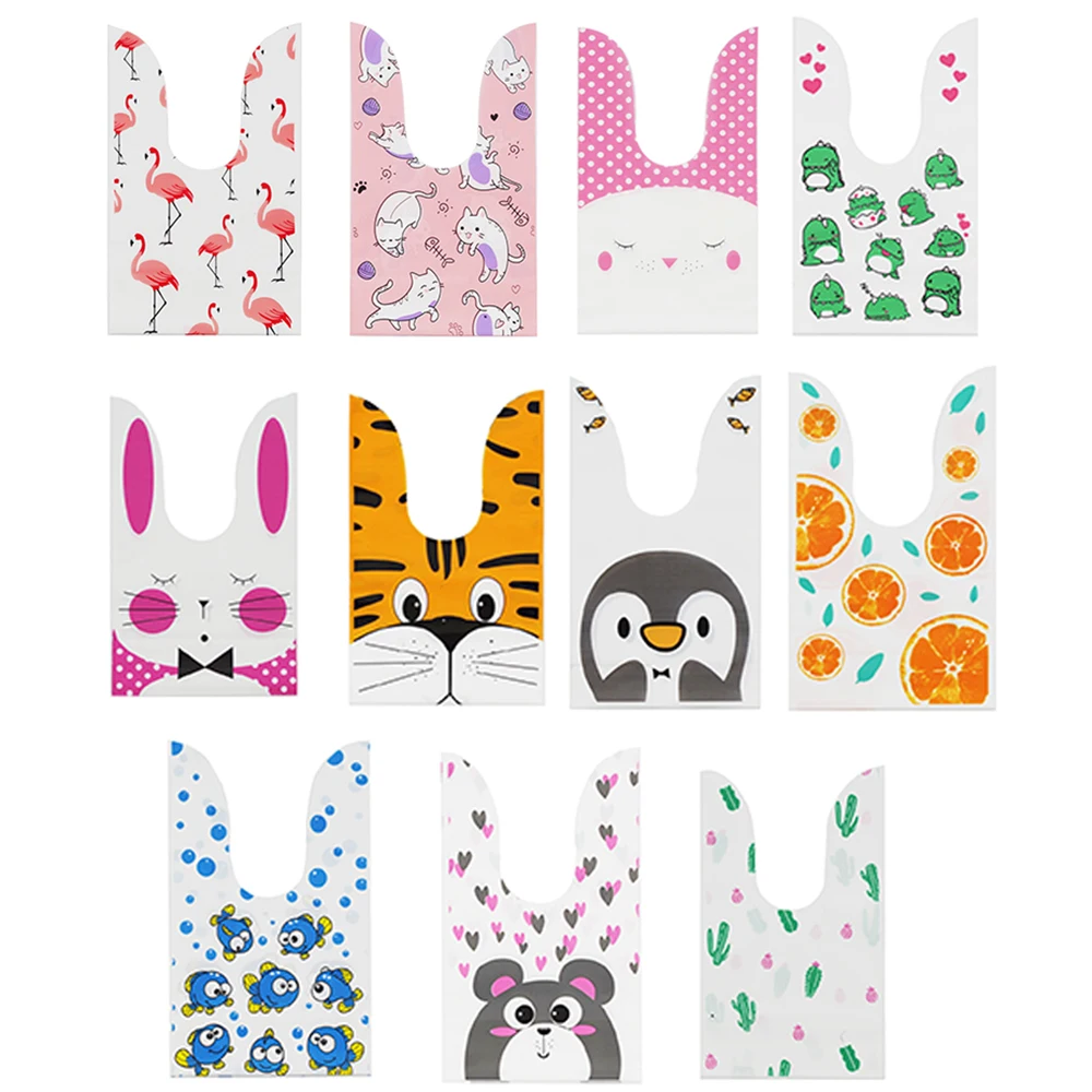 50Pcs Rabbit Plastic Candy Bag Cartoon Animal Cat Bunny Biscuit Cookie Bags Halloween Wedding Baby Shower Party Gift Bags