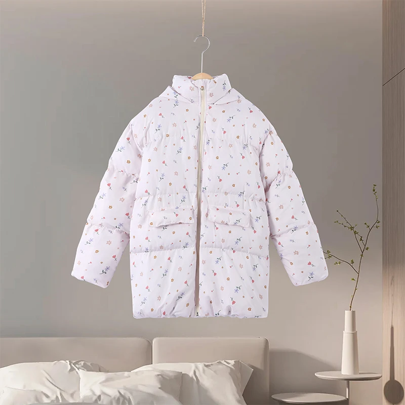 Unique Hooded Women's Winter Jacket Elegant Printed Thicken Pockets Full Sleeve Female Cotton Coat 2025 New Woman Coats Outwears