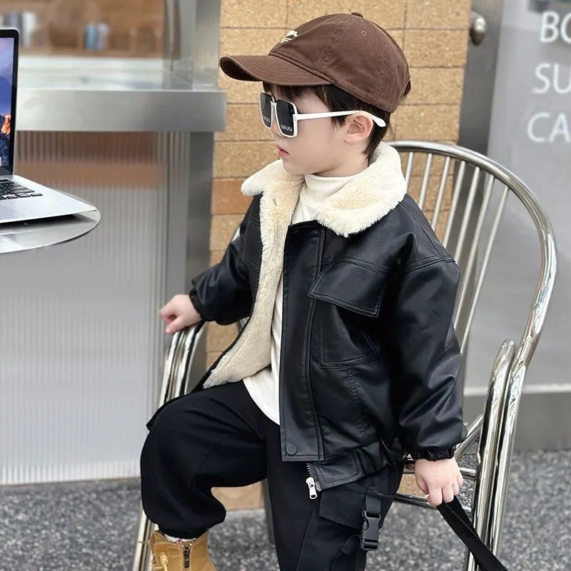 

Boys' Leather Jacket 2025 New Spring Edition Leather Jacket Winter Plush Thickened Baby Coat