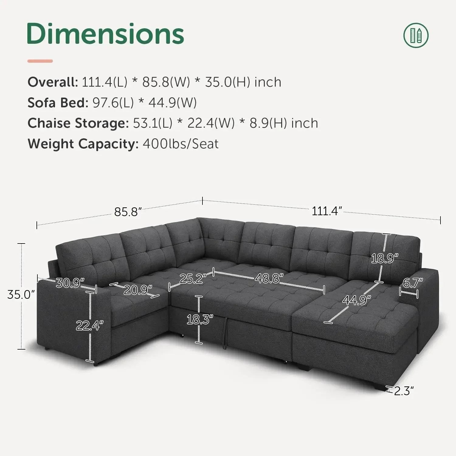 Sectional Sleeper Sofa Pull Out Bed with Storage, Sleeper Sectional Sofa Couch, Sectional Sleeper Bed for Living Room, Dark Grey