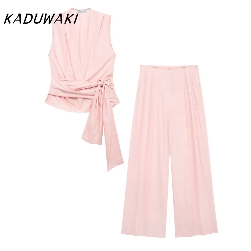 KADUWAKI Fashion Casual V-neck Sleeveless Bow Tops Temperament Commuter Silk Loose Pants Matching Suit Conjuntos De Pantalones