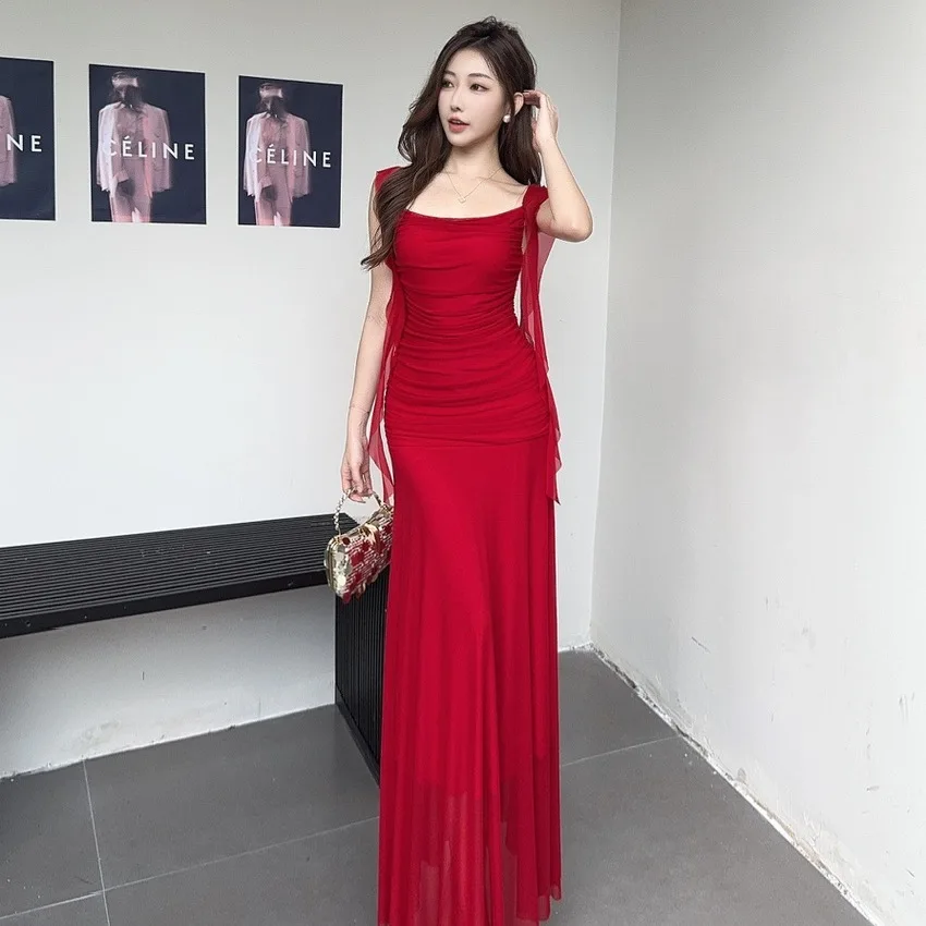 Sexy Crisscross Back Party Prom Vestidos Robe Elegant Sheer Mesh Pencil Dress Women's Ruched Panel Design Green Ribbon Dress