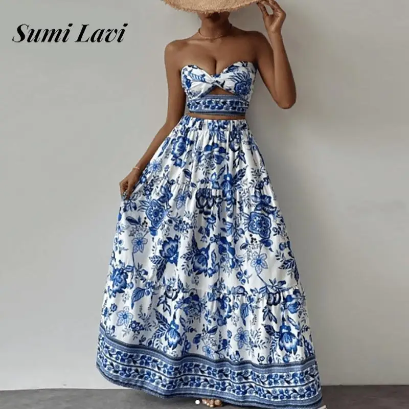 

Summer Chic Two Piece Women Outfit Elegant 2025 Strapless Slim Blouse&Long Skirt Set All Match Loose Graphic Beach Bohemian Suit