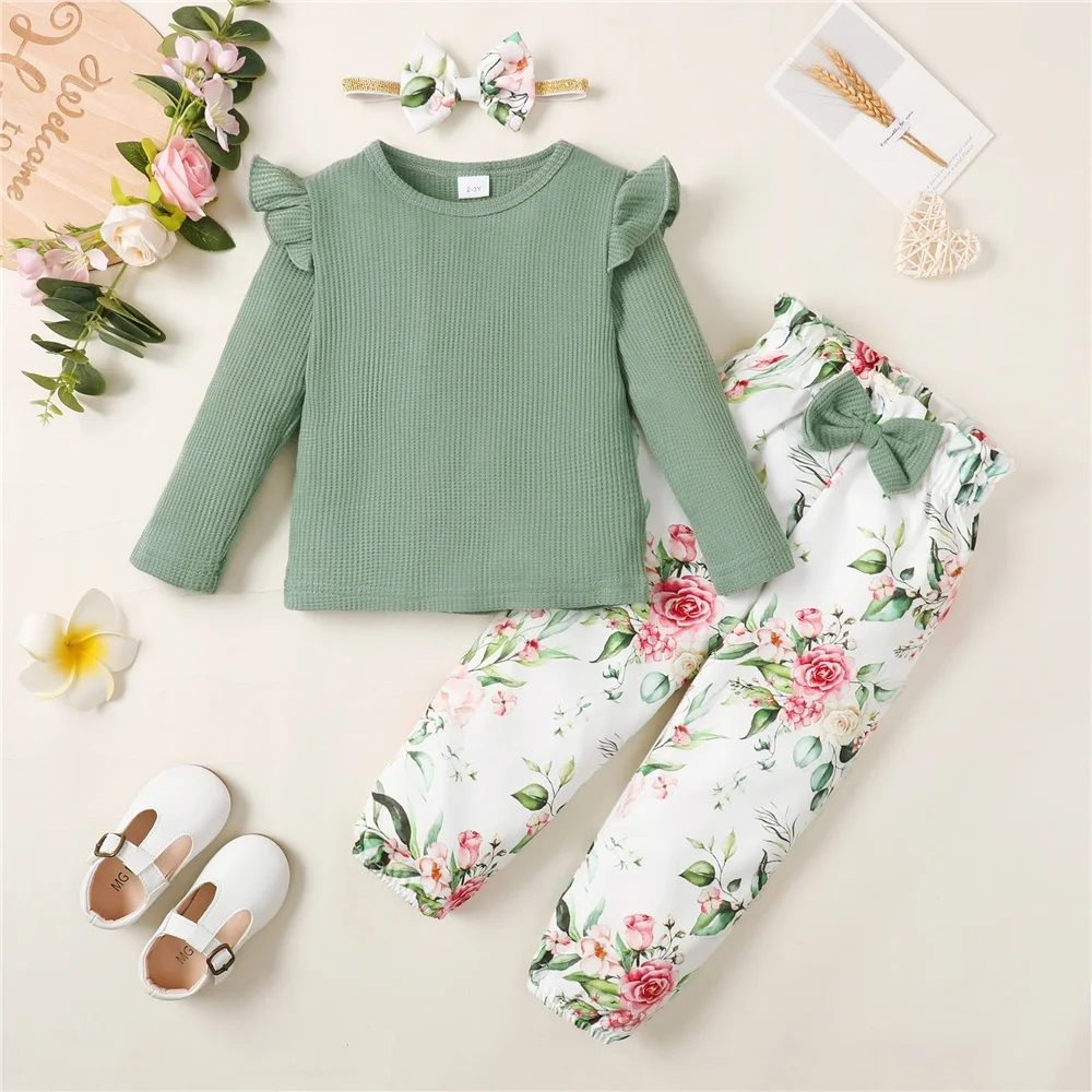 1-5Years Toddler Girl Clothes Set Long Sleeve Solid Color Top+Floral Pants  Fashion Spring & Autumn Little Girl Clothing Outfit