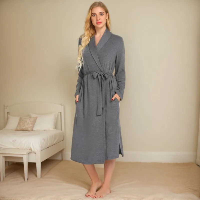 

Autumn Winter 2025 Solid Color Long Sleeve Women's Sleepwear Bathrobe Pockets Pijama with Belt Women Loungewear