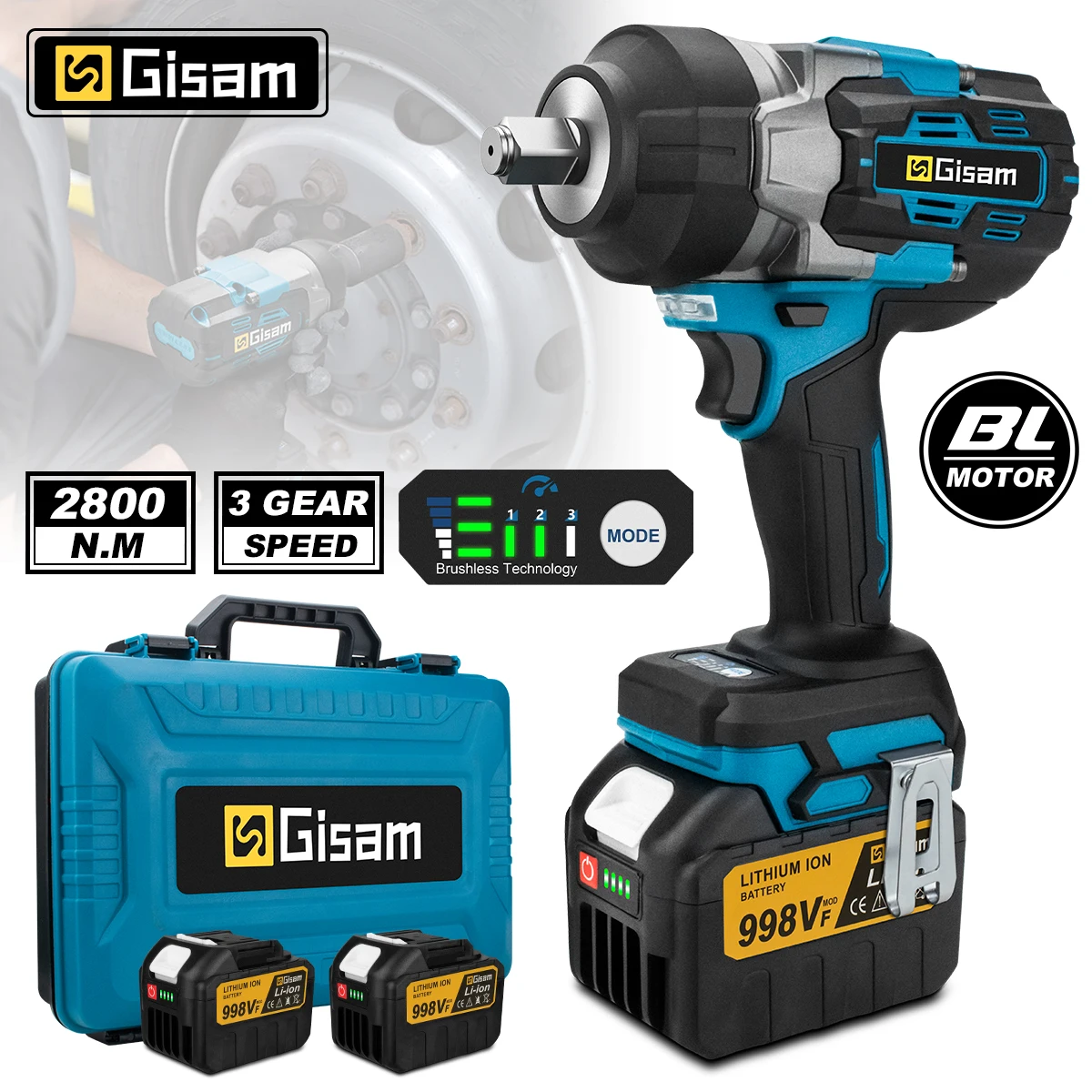 Clé à chocs électrique sans fil Gisam 2800N.M, 1/2 pouce, visseuse-perceuse, outil électrique pour réparation automobile et bricolage domestique, compatible avec batterie Makita 18V.