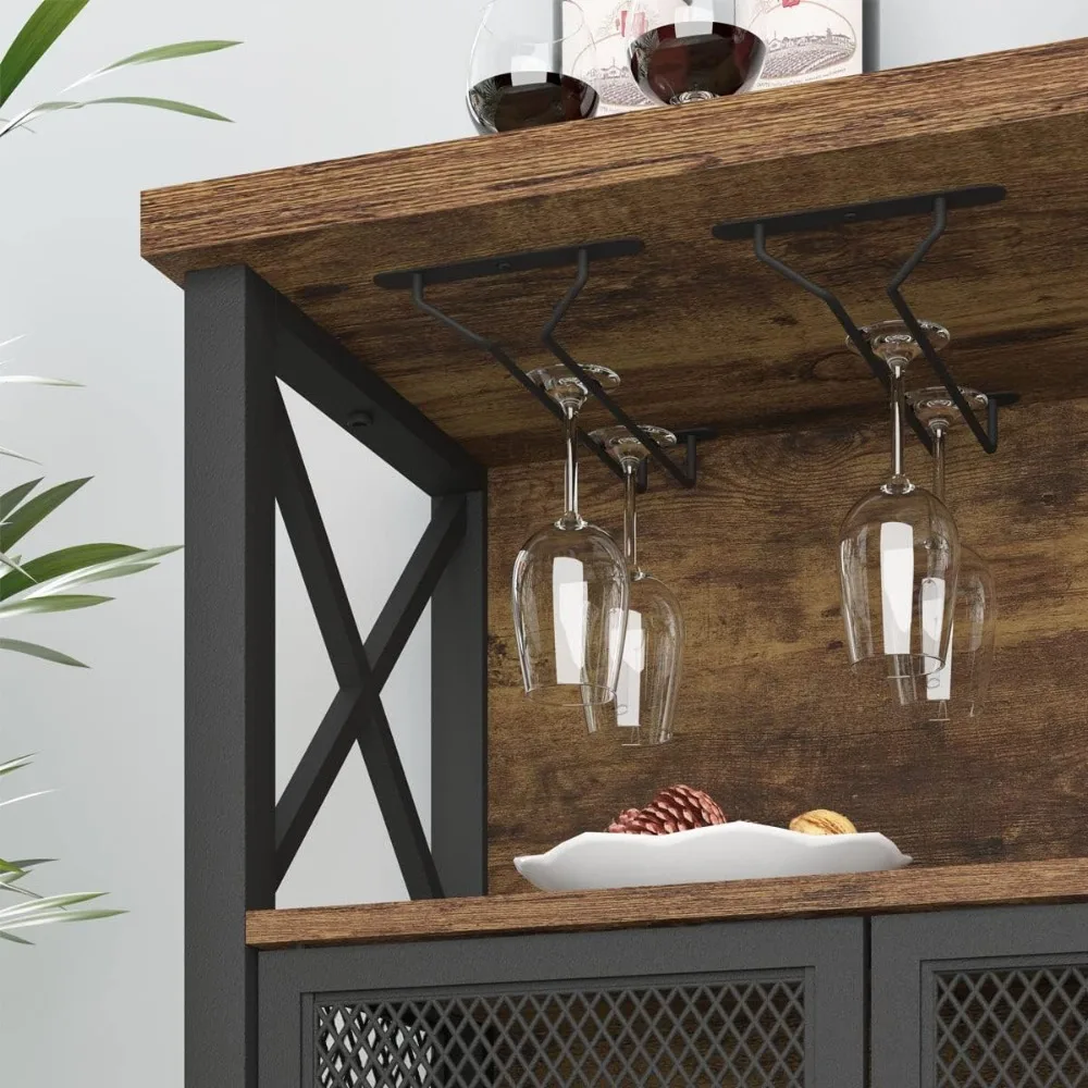 خزانة بار القهوة والنبيذ الصناعية، تخزين المشروبات الريفية مع بوفيه خزانة جانبية معدنية وخشبية #4