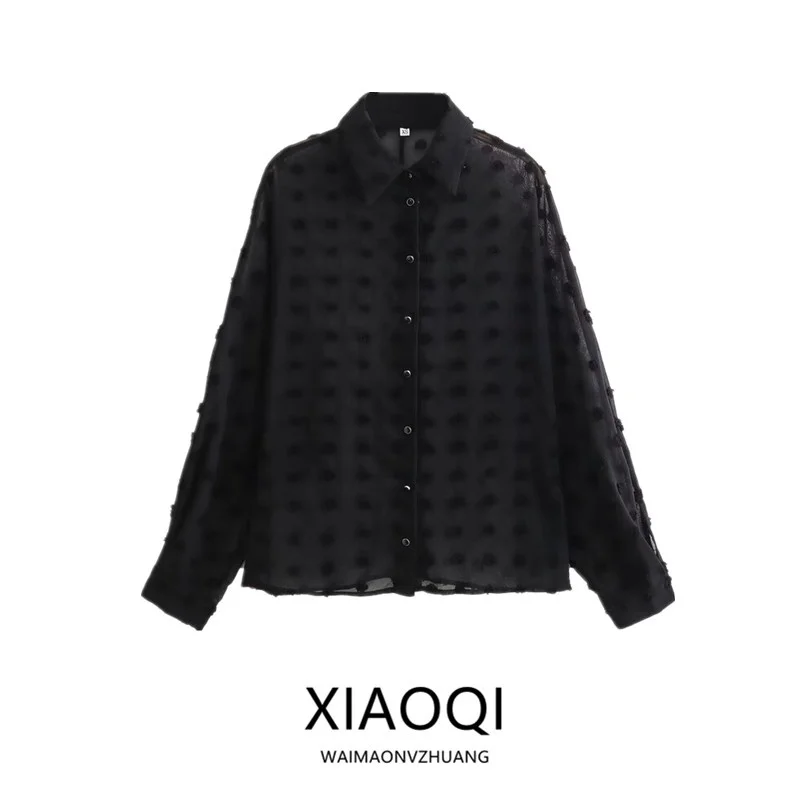 

Spring 2024 Faion Women's irt f Transparent with Bule Decoration New Arrival Straight Cut Long Sve Collar