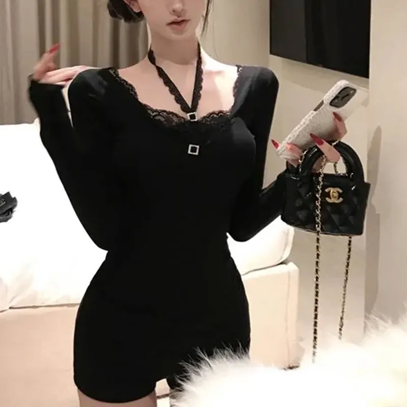 الملابس النسائية أنيق الدانتيل تقسم البلوفرات الرسن ضئيلة الخريف جديد بلون Hotsweet طويلة الأكمام الخامس الرقبة تي شيرتات عتيقة #6