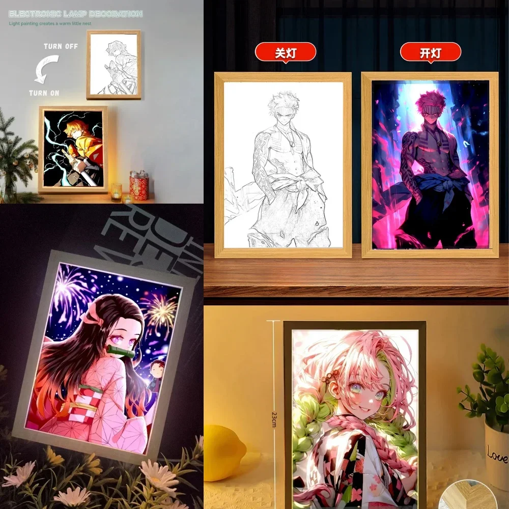 

Anime Figure Light Painting Photo Frame Demons Slayer Kimetsu No Yaiba Tanjirou Action Led Lamps Bedroom Decor Chirstmas Gifts