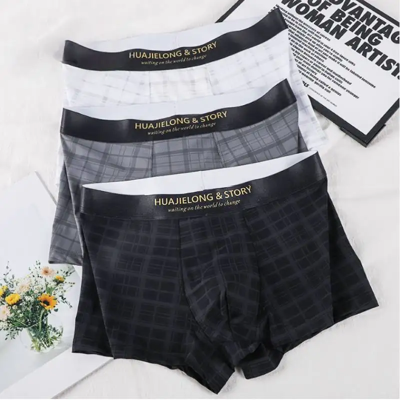 

3 шт. мужских трусов из ледяного шелка, клетчатые, дышащие, антибактериальные, боксеры-шорты