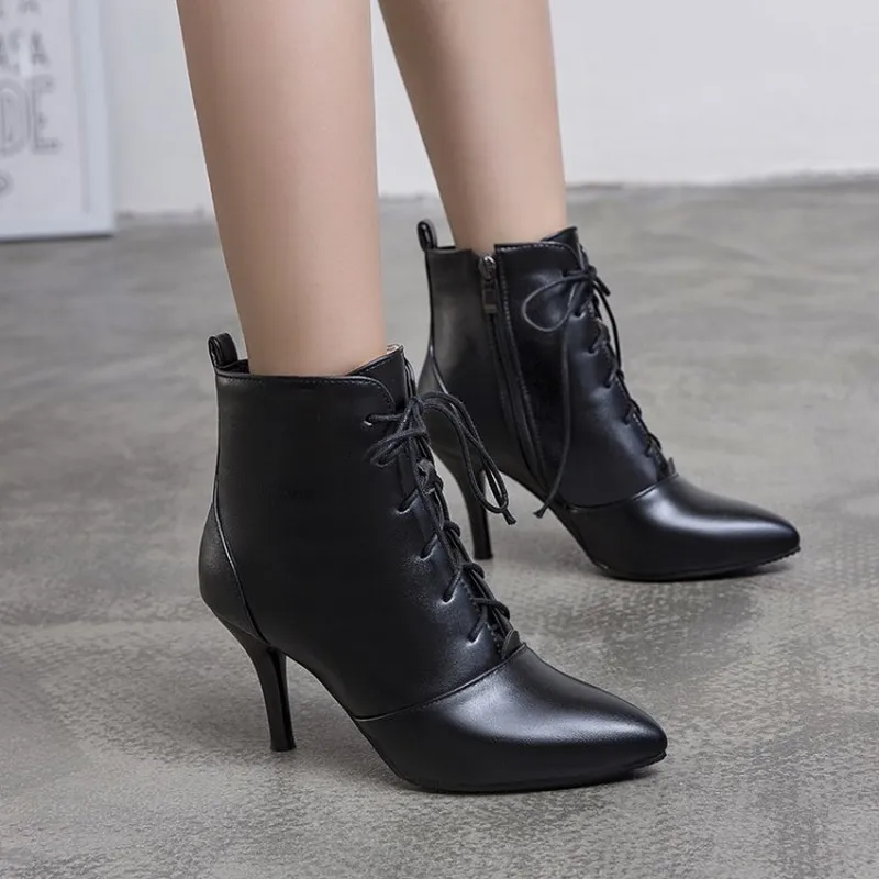 winter The New fashion Pointed Side zipper Fine heel 8CM Women boots black Sexy Lace Plus velvet Keep warm High heel Women boots