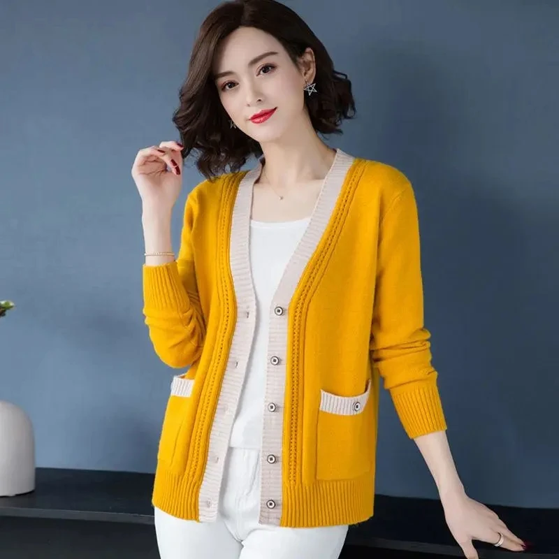 

Korean Style New Sweater Women Cardigan Knitted Coat Long Sleeve Single Breasted Female Casual V Neck Woman Cardigan Pull Femme
