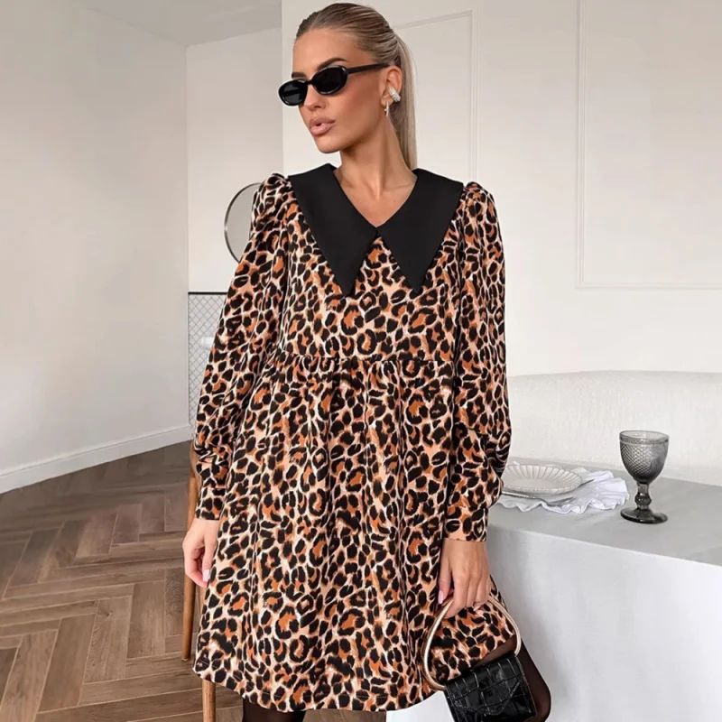 

2025Spring New Leopard Print Collar Patchwork Dress Fashion Wholesale Loose Short Dress for Women