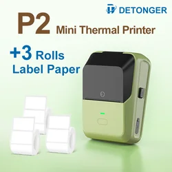 DETONGER P2 Mini Printer Plus 3 Rolls Thermal Self-adhesive White Label for Home&Office  Clothing Food Wireless Sticker Marker