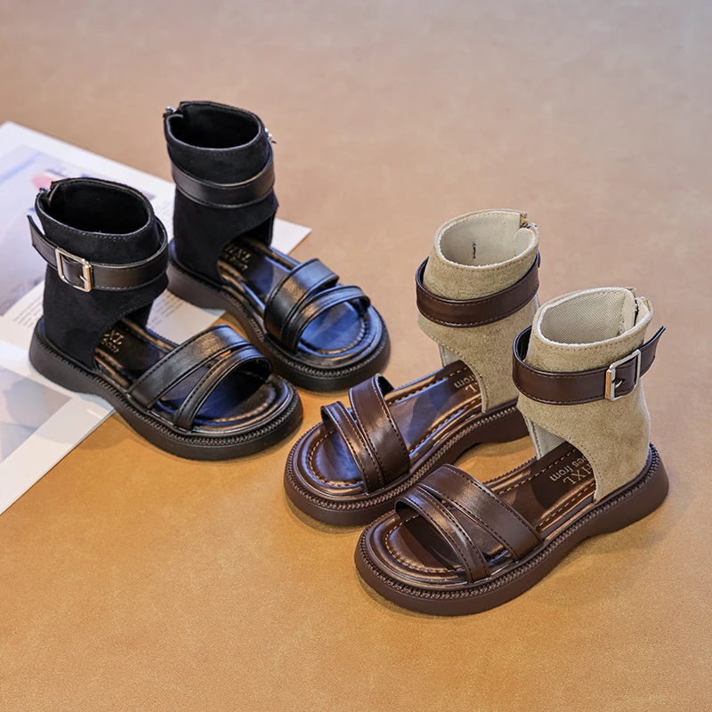 

Korean Style Kids Roman Sandals Girls Thick Sole Zipper Summer Shoes Student Fashion Casual Footwear Trendy Children Sandals