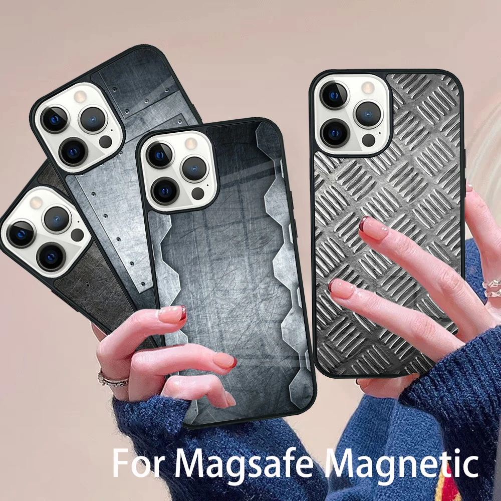 

Steel Iron Metal Pattern Phone Case Magesafe Magnetic Wireless Charge Cover For IPhone 16 11 12 13 14 15 Pro Max Plus Mini