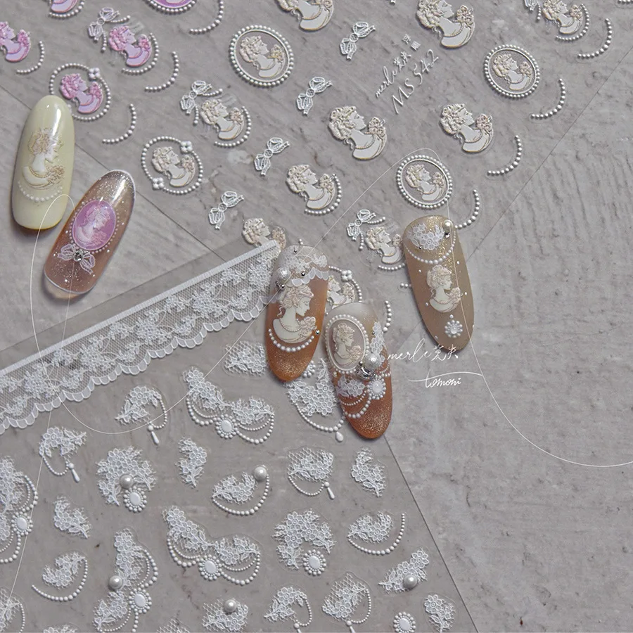 Autocollants de manucure en tissu de fleur de dentelle romantique français, pendentif de perle, Portrait, nœud papillon, impression Textile, autocollants délicats pour Nail Art