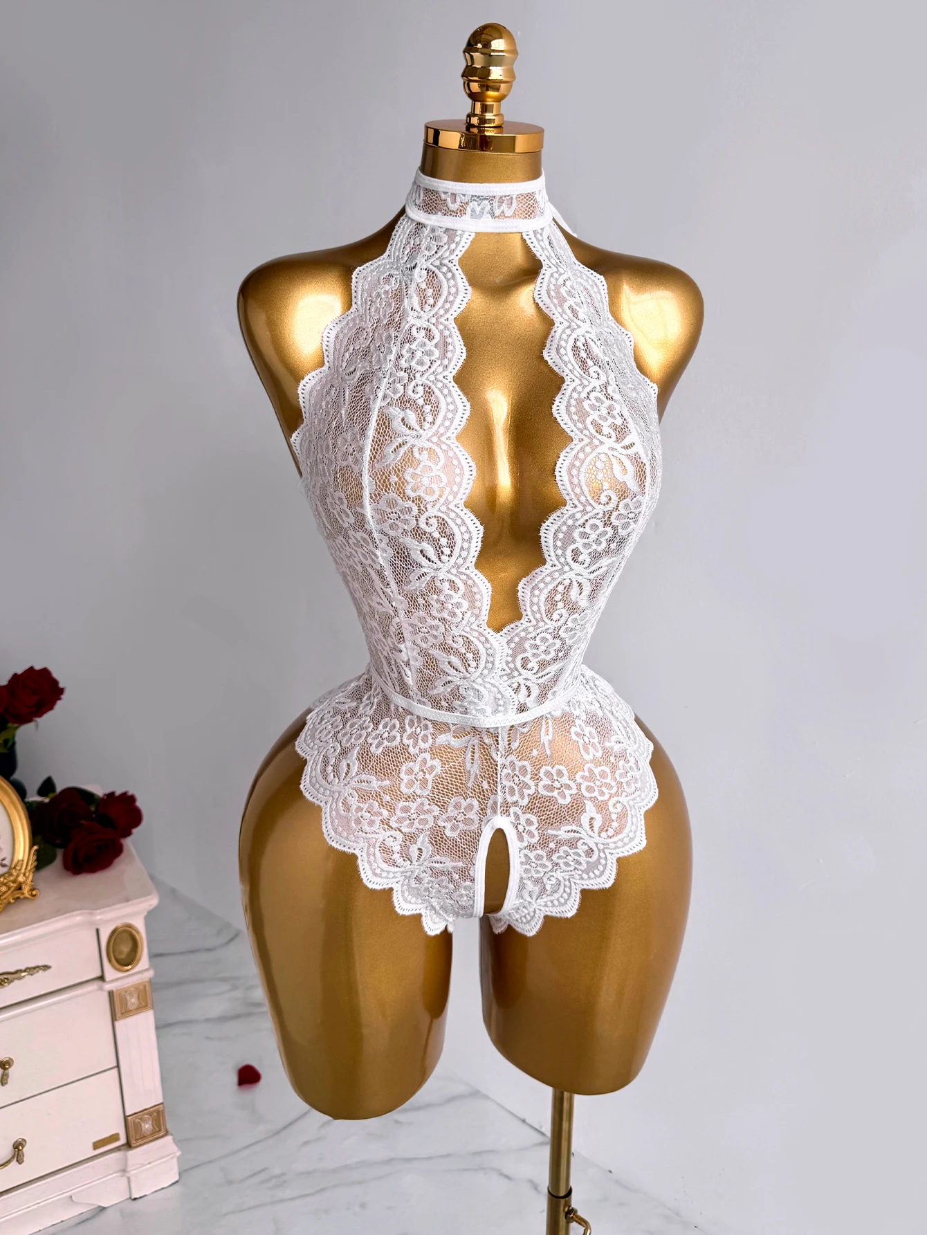 White Halter Neck Floral Lace Teddies Lingerie Women Deep V Sheer Open Crotch Bodysuit Backless Intimate Nightwear For Valentine view 3